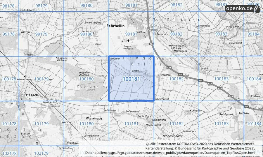 Übersichtskarte des KOSTRA-DWD-2020-Rasterfeldes Nr. 100181