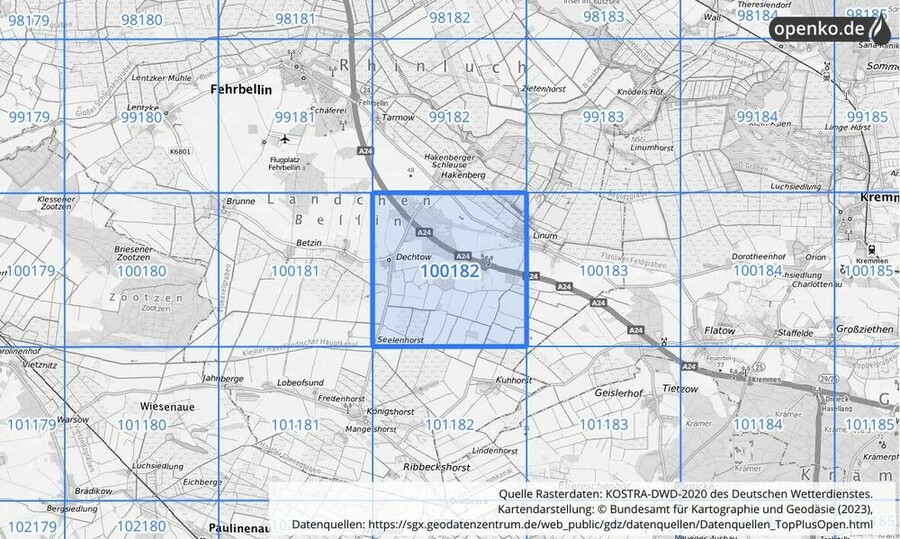 Übersichtskarte des KOSTRA-DWD-2020-Rasterfeldes Nr. 100182