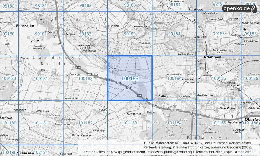 Übersichtskarte des KOSTRA-DWD-2020-Rasterfeldes Nr. 100183