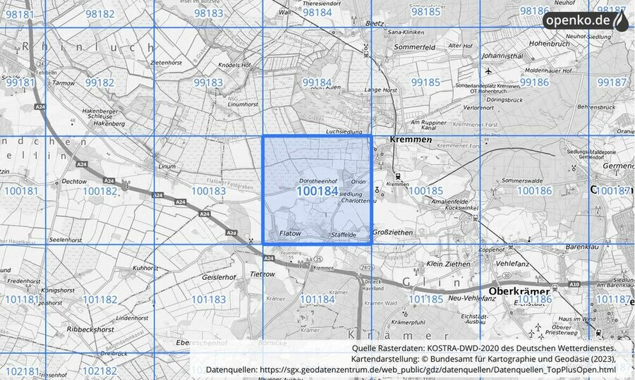 Übersichtskarte des KOSTRA-DWD-2020-Rasterfeldes Nr. 100184