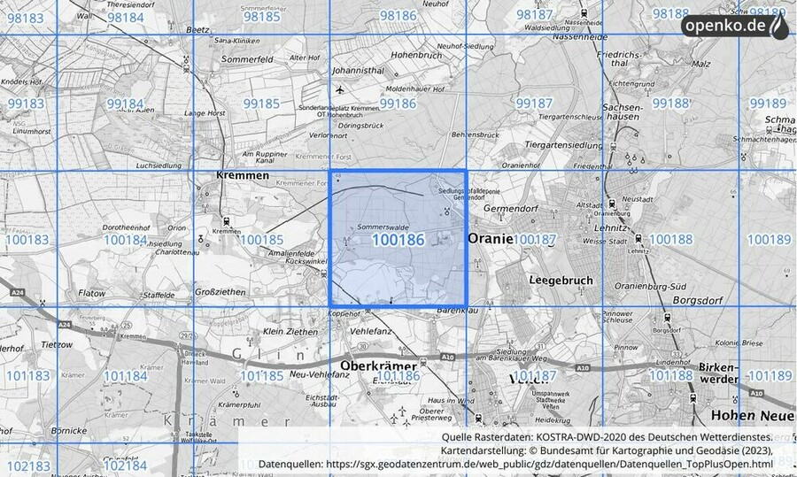 Übersichtskarte des KOSTRA-DWD-2020-Rasterfeldes Nr. 100186