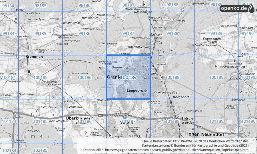 Übersichtskarte des KOSTRA-DWD-2020-Rasterfeldes Nr. 100187