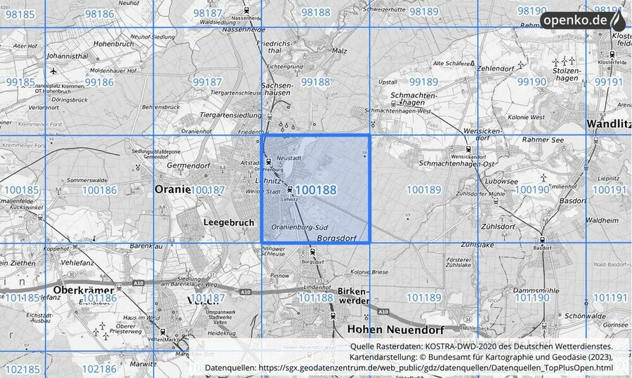 Übersichtskarte des KOSTRA-DWD-2020-Rasterfeldes Nr. 100188