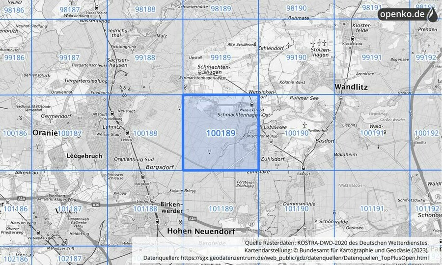 Übersichtskarte des KOSTRA-DWD-2020-Rasterfeldes Nr. 100189