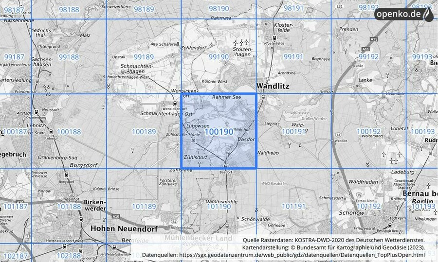 Übersichtskarte des KOSTRA-DWD-2020-Rasterfeldes Nr. 100190