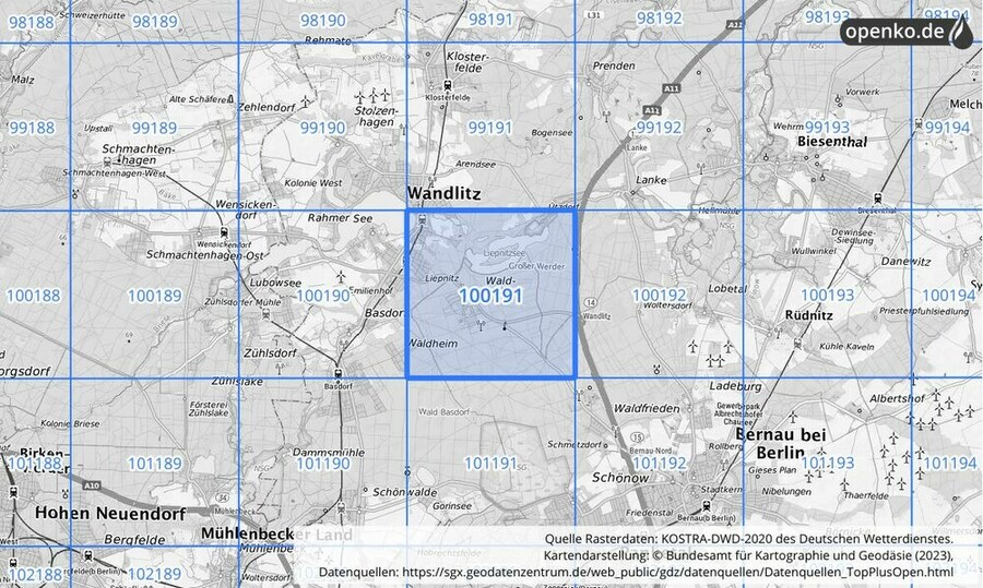 Übersichtskarte des KOSTRA-DWD-2020-Rasterfeldes Nr. 100191