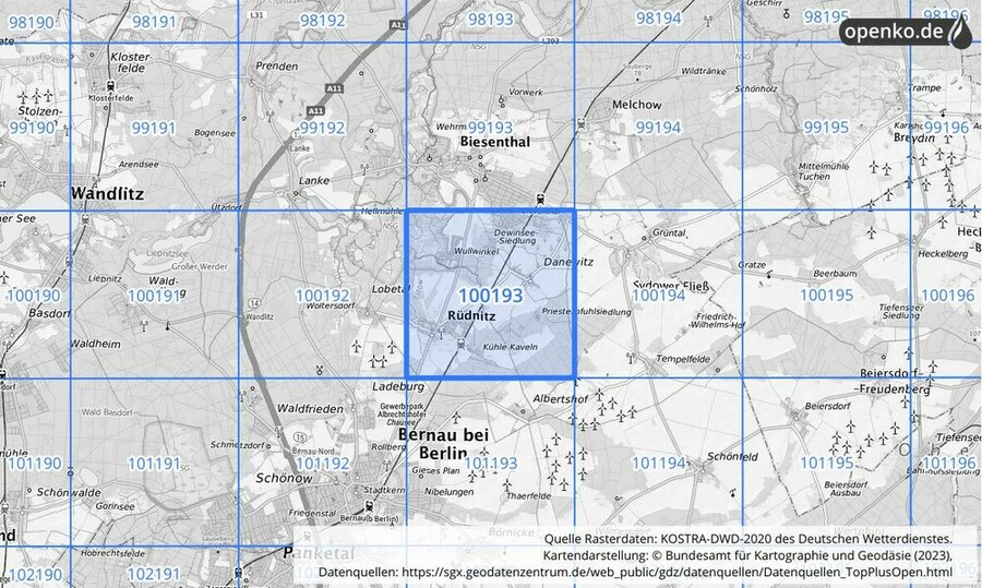 Übersichtskarte des KOSTRA-DWD-2020-Rasterfeldes Nr. 100193