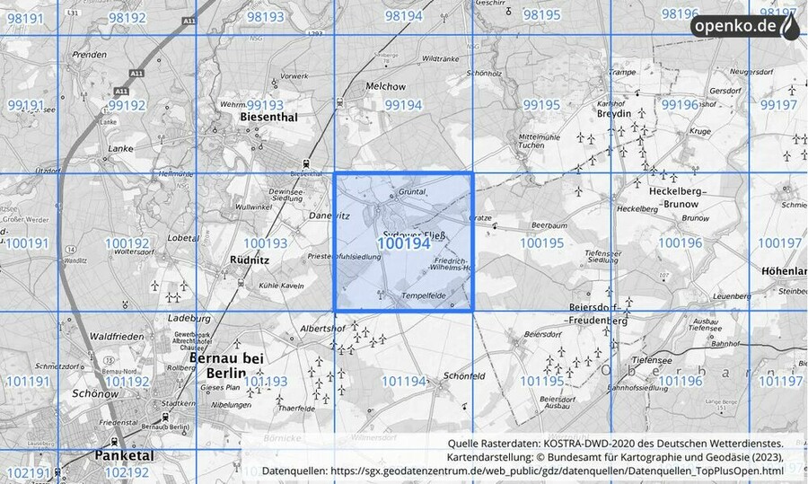 Übersichtskarte des KOSTRA-DWD-2020-Rasterfeldes Nr. 100194