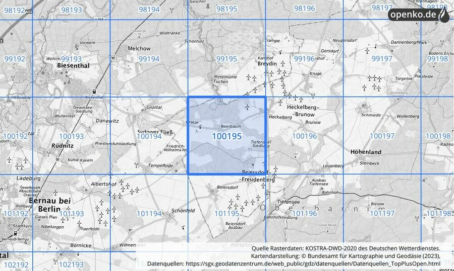 Übersichtskarte des KOSTRA-DWD-2020-Rasterfeldes Nr. 100195