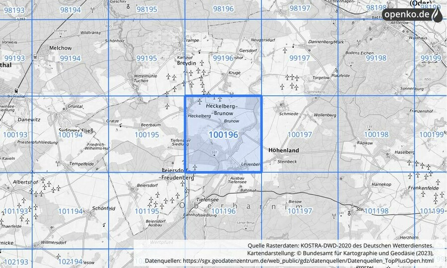 Übersichtskarte des KOSTRA-DWD-2020-Rasterfeldes Nr. 100196