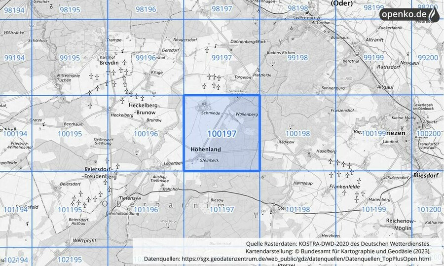 Übersichtskarte des KOSTRA-DWD-2020-Rasterfeldes Nr. 100197