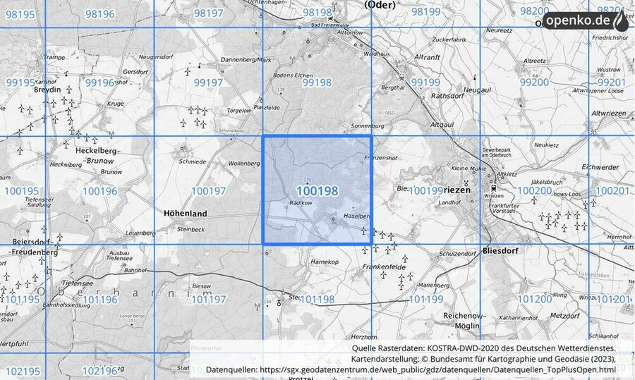 Übersichtskarte des KOSTRA-DWD-2020-Rasterfeldes Nr. 100198