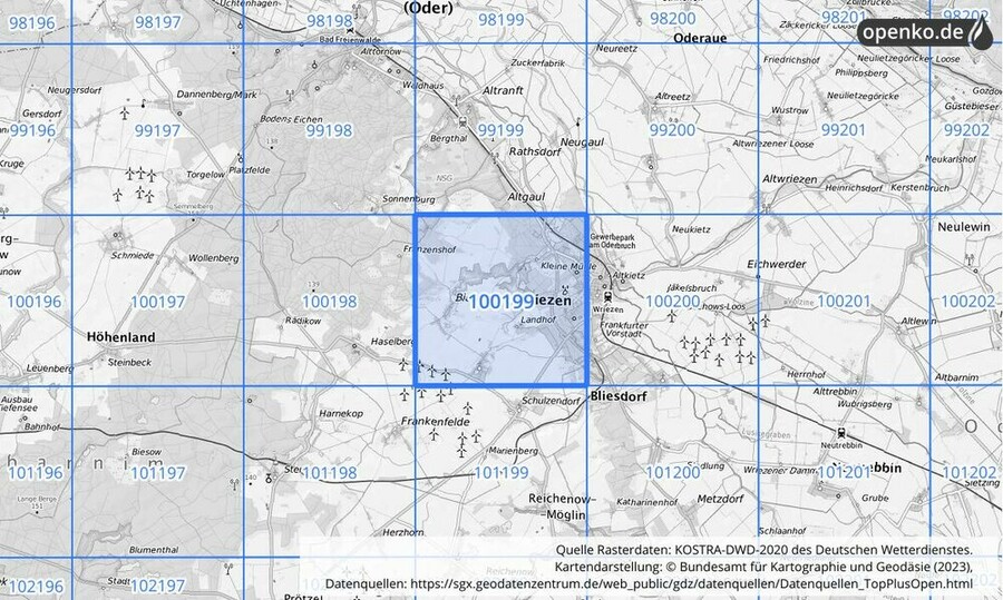 Übersichtskarte des KOSTRA-DWD-2020-Rasterfeldes Nr. 100199