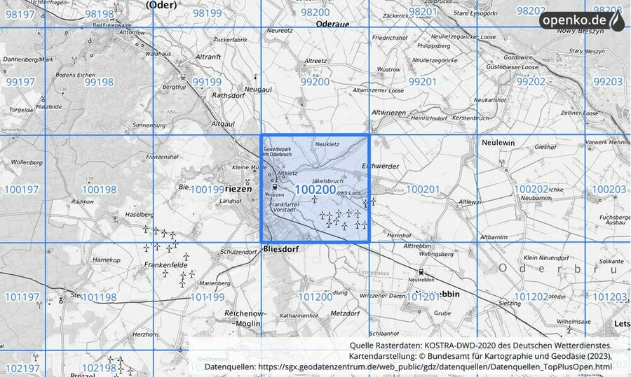 Übersichtskarte des KOSTRA-DWD-2020-Rasterfeldes Nr. 100200