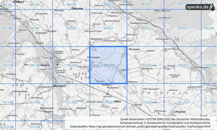 Übersichtskarte des KOSTRA-DWD-2020-Rasterfeldes Nr. 100201