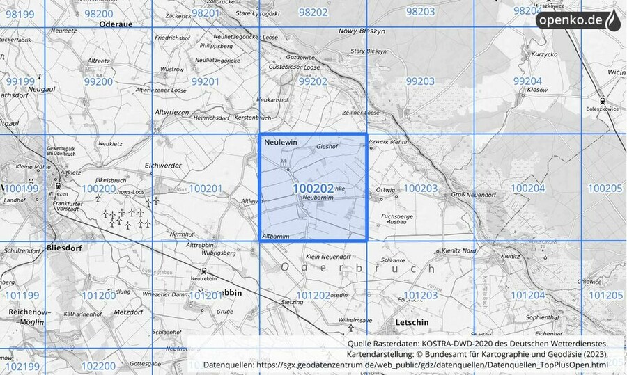 Übersichtskarte des KOSTRA-DWD-2020-Rasterfeldes Nr. 100202