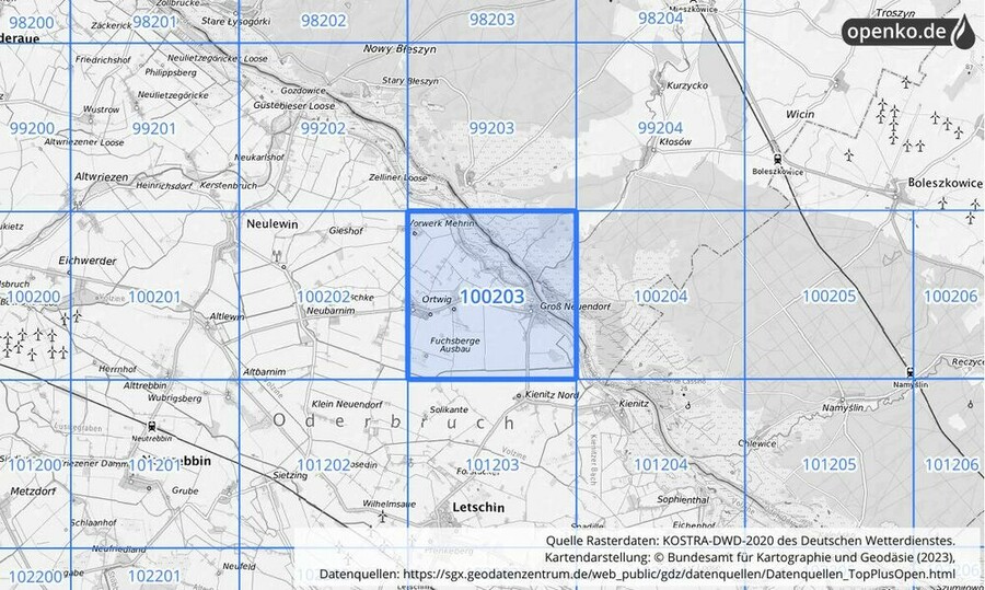 Übersichtskarte des KOSTRA-DWD-2020-Rasterfeldes Nr. 100203