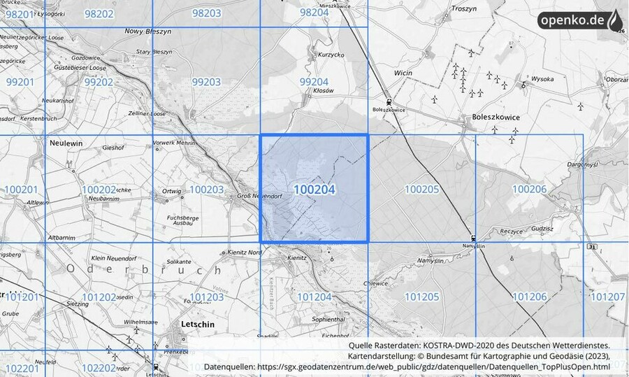 Übersichtskarte des KOSTRA-DWD-2020-Rasterfeldes Nr. 100204