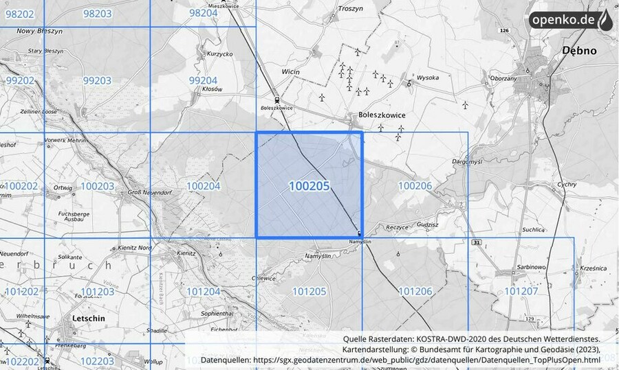 Übersichtskarte des KOSTRA-DWD-2020-Rasterfeldes Nr. 100205