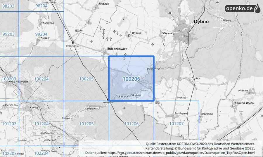 Übersichtskarte des KOSTRA-DWD-2020-Rasterfeldes Nr. 100206