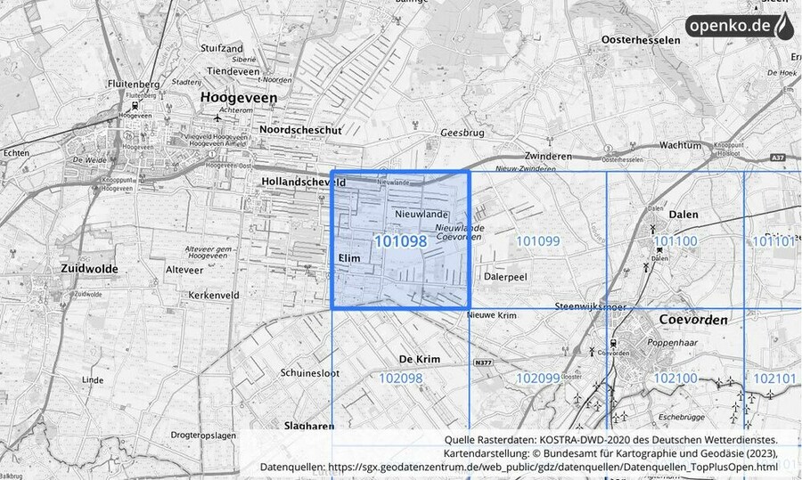 Übersichtskarte des KOSTRA-DWD-2020-Rasterfeldes Nr. 101098