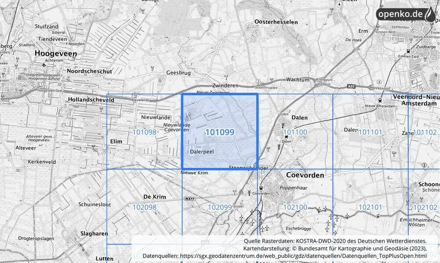 Übersichtskarte des KOSTRA-DWD-2020-Rasterfeldes Nr. 101099