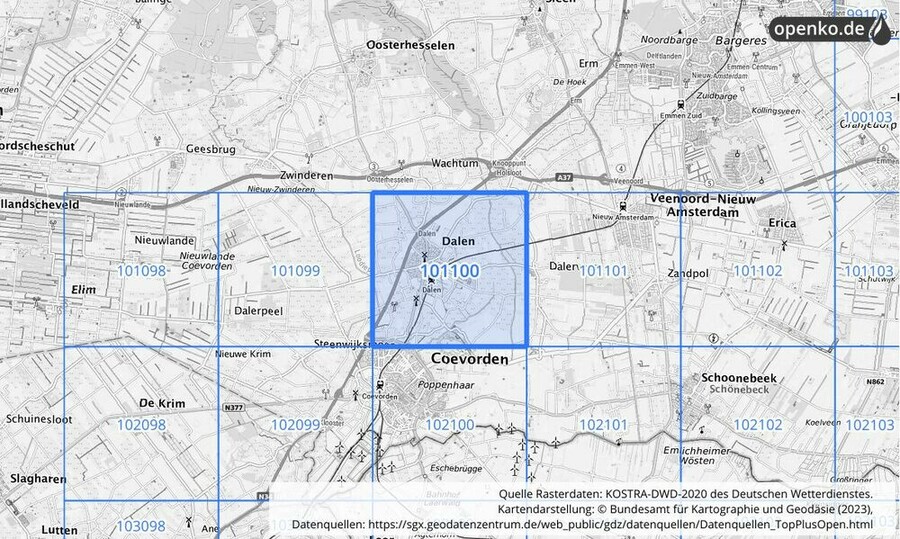 Übersichtskarte des KOSTRA-DWD-2020-Rasterfeldes Nr. 101100