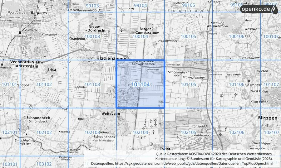 Übersichtskarte des KOSTRA-DWD-2020-Rasterfeldes Nr. 101104