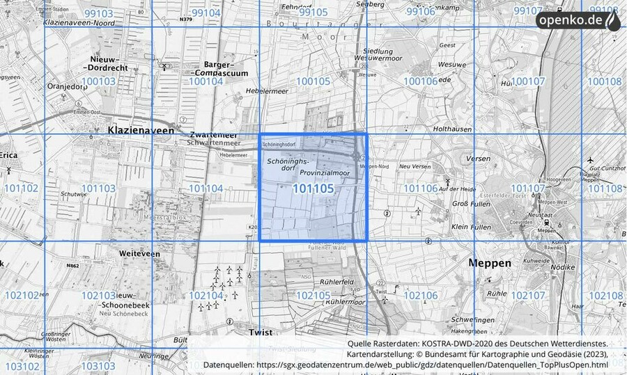 Übersichtskarte des KOSTRA-DWD-2020-Rasterfeldes Nr. 101105