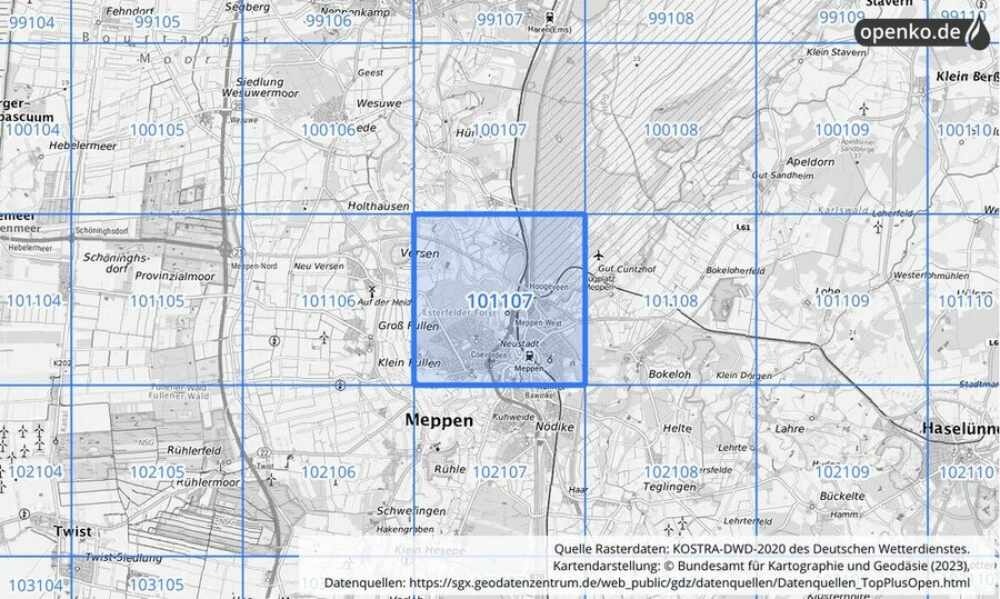 Übersichtskarte des KOSTRA-DWD-2020-Rasterfeldes Nr. 101107