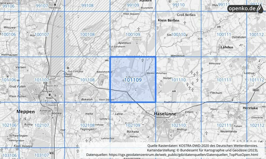 Übersichtskarte des KOSTRA-DWD-2020-Rasterfeldes Nr. 101109