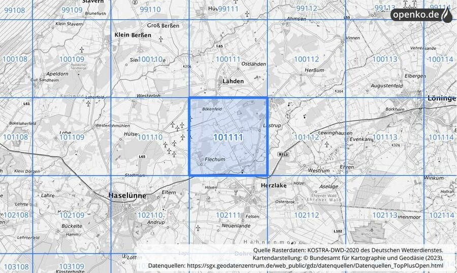 Übersichtskarte des KOSTRA-DWD-2020-Rasterfeldes Nr. 101111