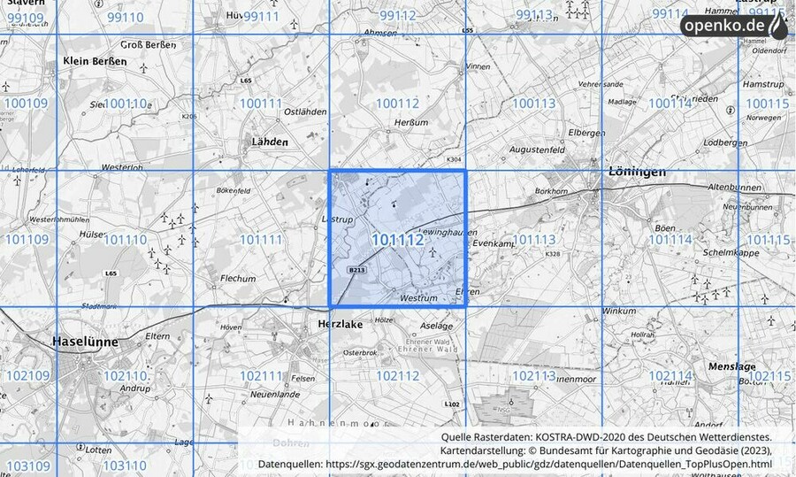 Übersichtskarte des KOSTRA-DWD-2020-Rasterfeldes Nr. 101112