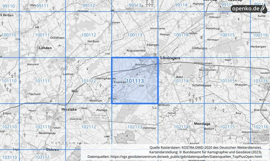 Übersichtskarte des KOSTRA-DWD-2020-Rasterfeldes Nr. 101113