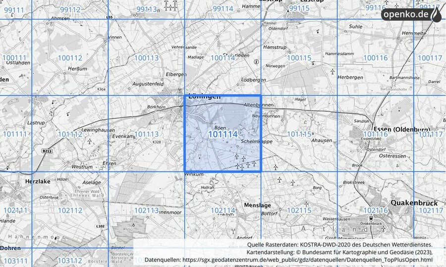 Übersichtskarte des KOSTRA-DWD-2020-Rasterfeldes Nr. 101114