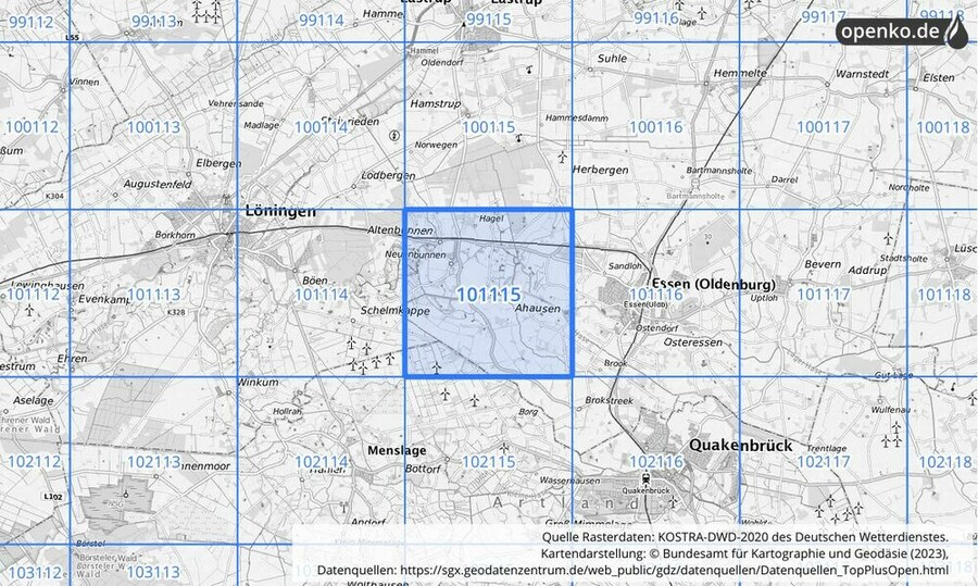 Übersichtskarte des KOSTRA-DWD-2020-Rasterfeldes Nr. 101115