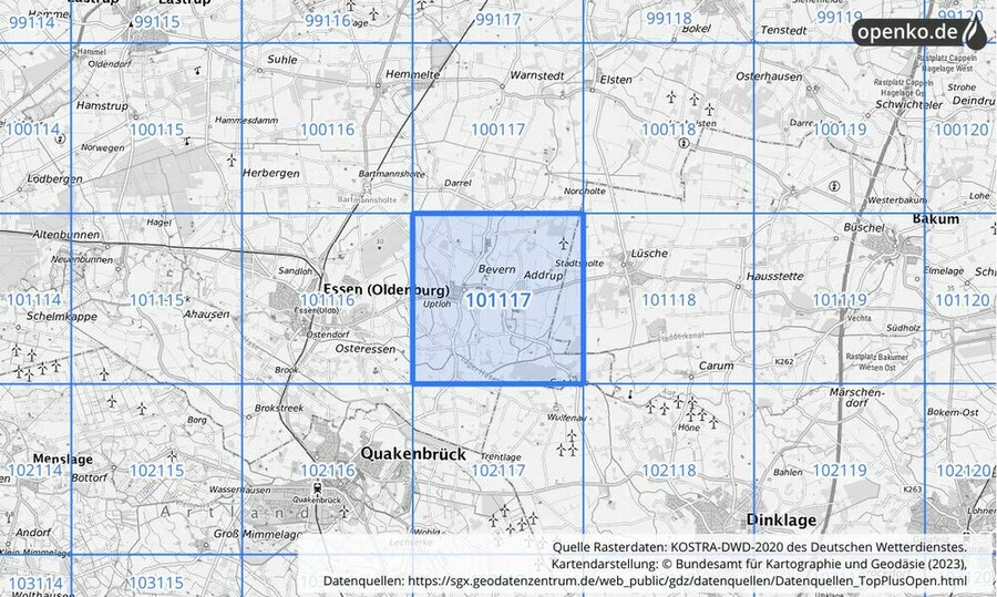 Übersichtskarte des KOSTRA-DWD-2020-Rasterfeldes Nr. 101117