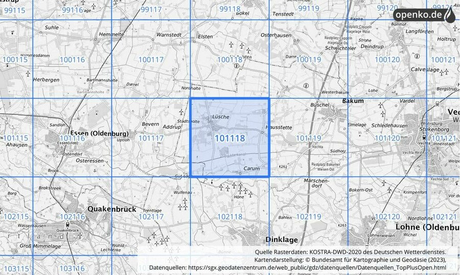 Übersichtskarte des KOSTRA-DWD-2020-Rasterfeldes Nr. 101118