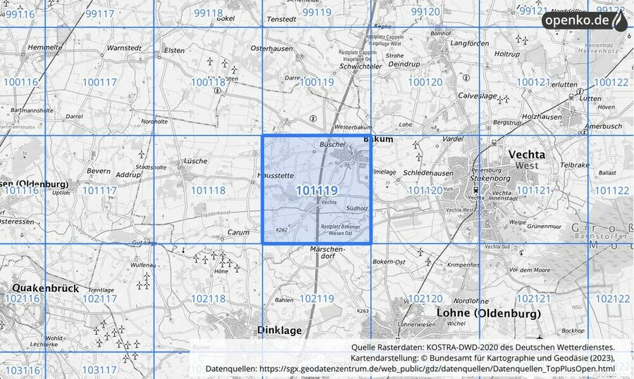 Übersichtskarte des KOSTRA-DWD-2020-Rasterfeldes Nr. 101119