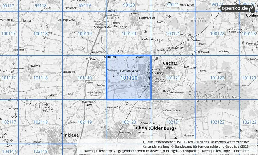 Übersichtskarte des KOSTRA-DWD-2020-Rasterfeldes Nr. 101120