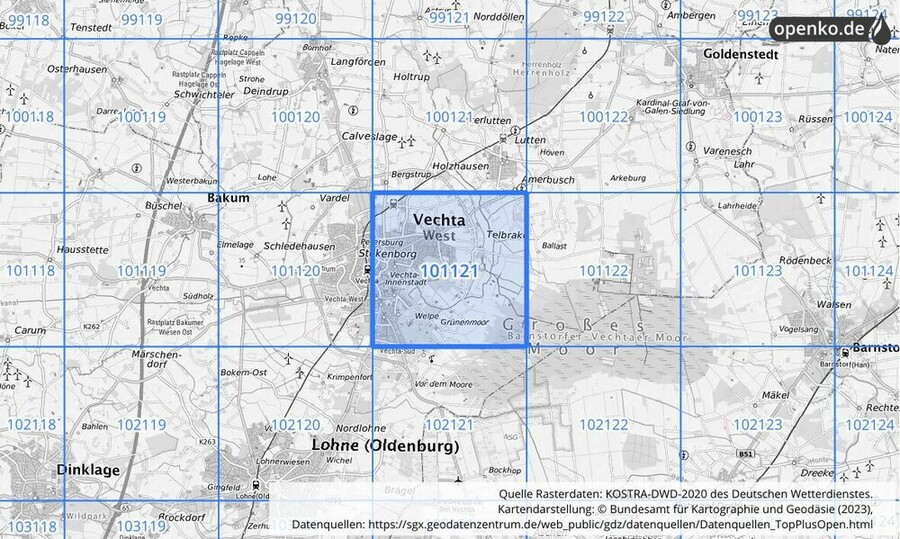 Übersichtskarte des KOSTRA-DWD-2020-Rasterfeldes Nr. 101121