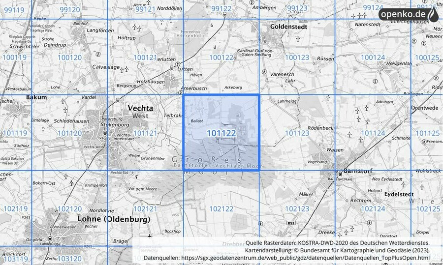 Übersichtskarte des KOSTRA-DWD-2020-Rasterfeldes Nr. 101122