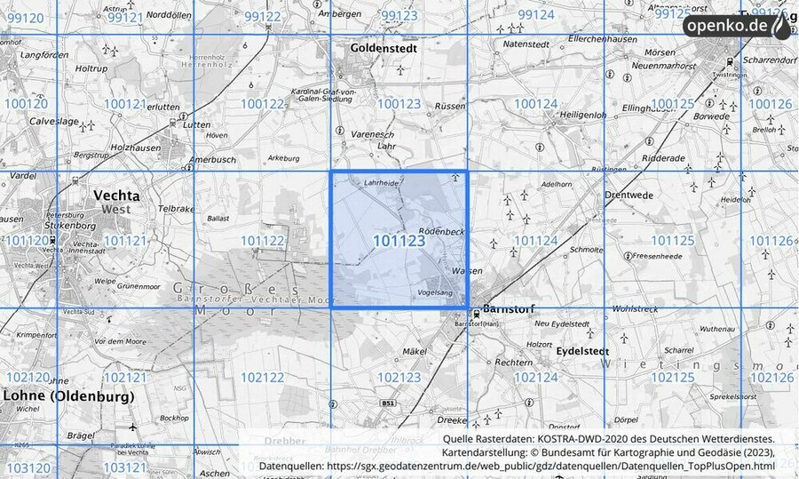 Übersichtskarte des KOSTRA-DWD-2020-Rasterfeldes Nr. 101123