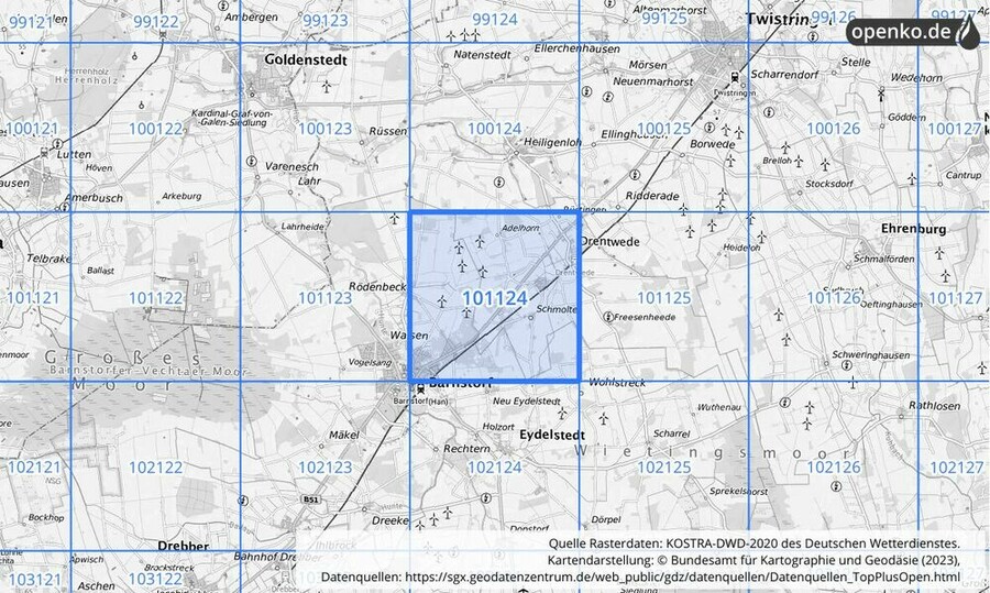 Übersichtskarte des KOSTRA-DWD-2020-Rasterfeldes Nr. 101124