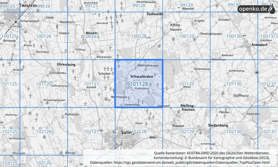 Übersichtskarte des KOSTRA-DWD-2020-Rasterfeldes Nr. 101128