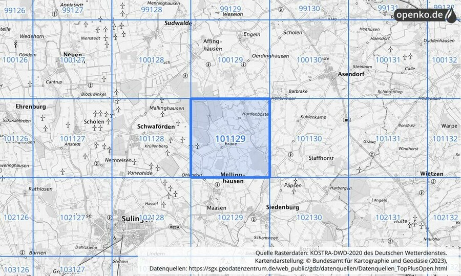 Übersichtskarte des KOSTRA-DWD-2020-Rasterfeldes Nr. 101129