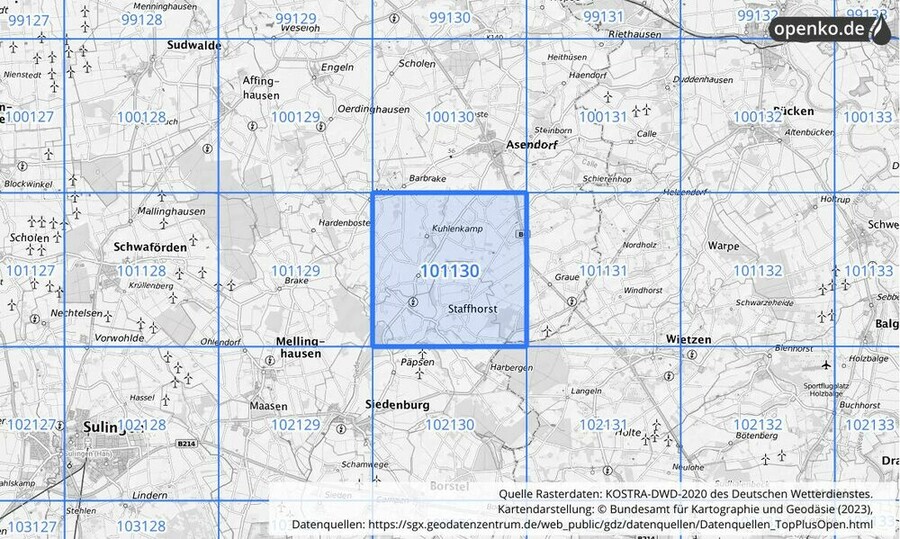 Übersichtskarte des KOSTRA-DWD-2020-Rasterfeldes Nr. 101130