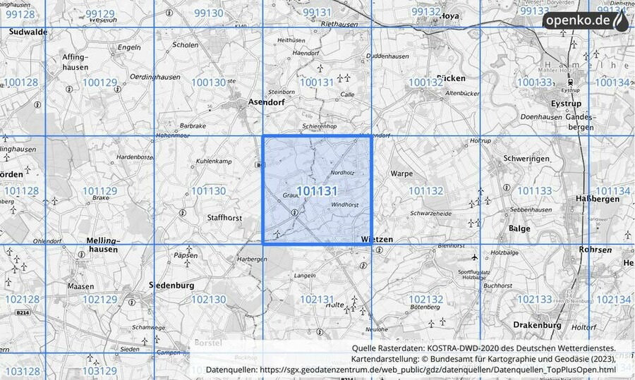 Übersichtskarte des KOSTRA-DWD-2020-Rasterfeldes Nr. 101131