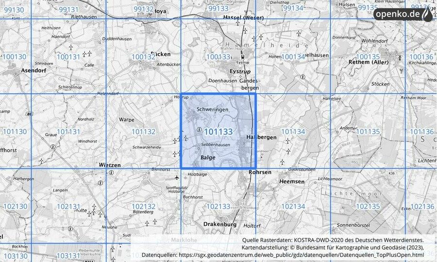 Übersichtskarte des KOSTRA-DWD-2020-Rasterfeldes Nr. 101133