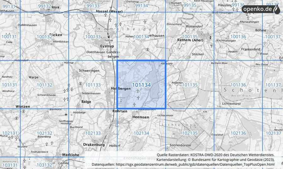 Übersichtskarte des KOSTRA-DWD-2020-Rasterfeldes Nr. 101134